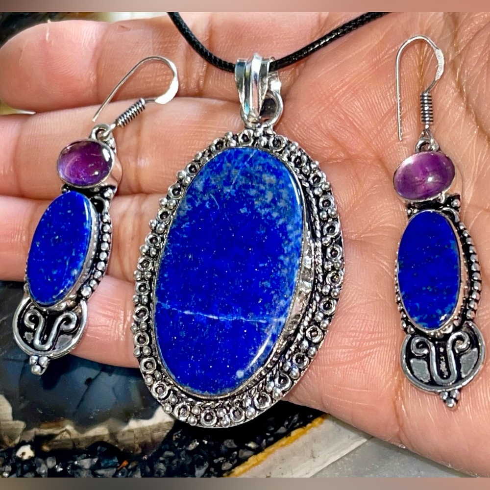 Lapis Lazuli & Amethyst Pendant & Earrings Set